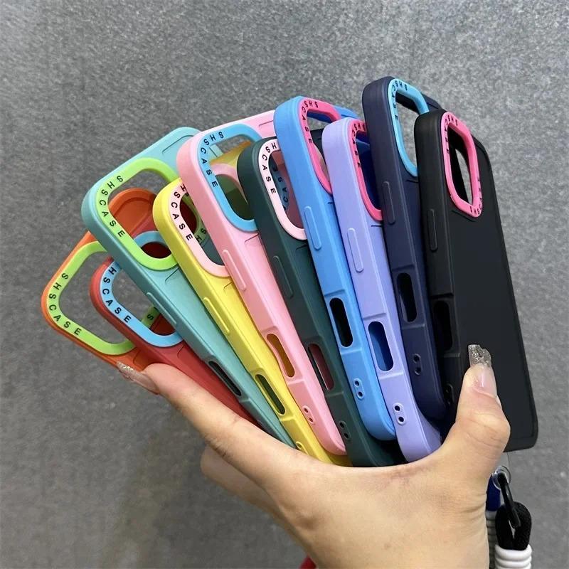 Fashion Lens Collision Color Wrist Strap Cases for iPhone 17 16 15 14 13 12 11 Pro Max Plus 17 Air Matte Silicone Lanyard Cover