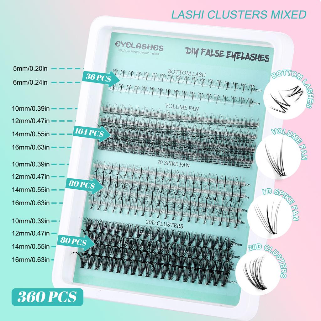 Single Cluster Diy360 Cluster Large Capacity Oblique Flying False Eyelashes Dense Simulation 5-16Mm Eyelashes
