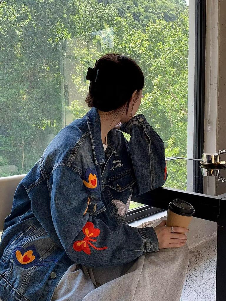 Trendy Unisex Butterfly Washed Denim Jacket - Spring/Autumn Casual Loose Fit