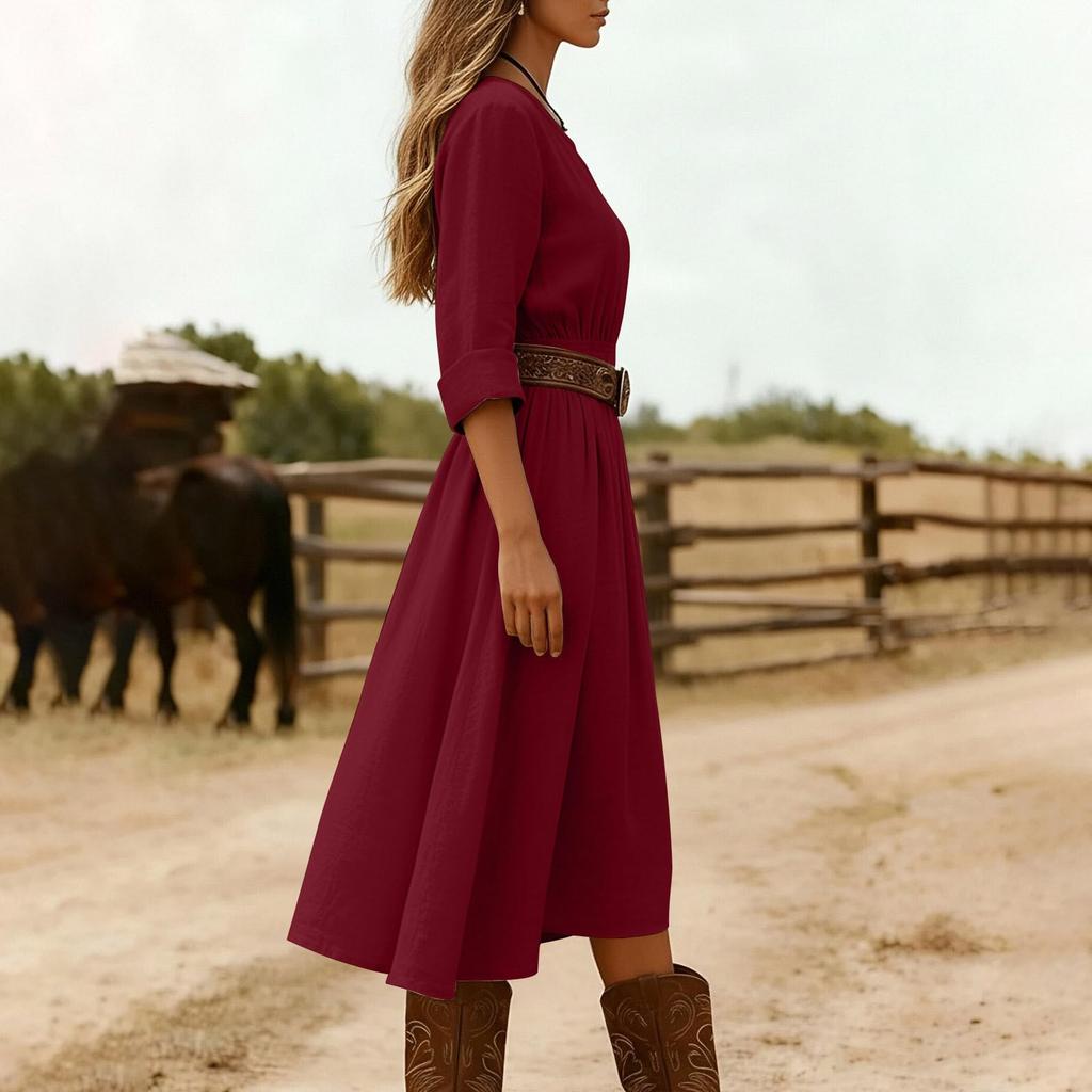 Women’s Casual Long Sleeve Crew Neck Dress with Waist Design Cotton Linen Material Relaxed Fit Midi Length for Everyday Wear