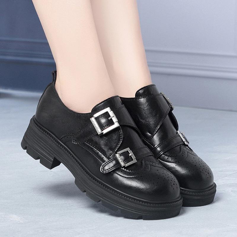 

Women s Soft-soled Commuter Loafers with Velcro Closures and Double Buckles, British Style Leather Shoes, Spring Thick-soled Women s Shoes 35 чёрный