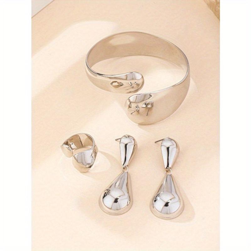 Geometric Open Cuff Bracelet, 1pc Open Ring, and 1 Pair of Droplet Shaped Pendant Earrings Retro Exaggerated Jewelry Set for Women