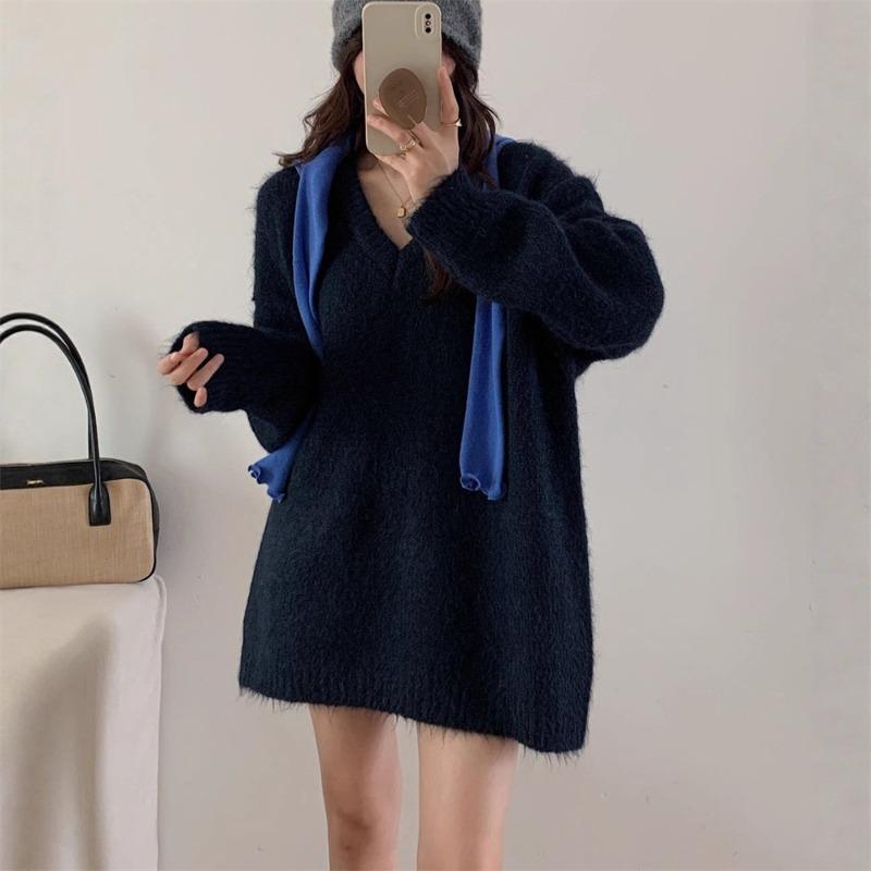 Gentle wind soft waxy neck pullover sweater women's autumn and winter new loose large size simple lazy wind knitted sweater top