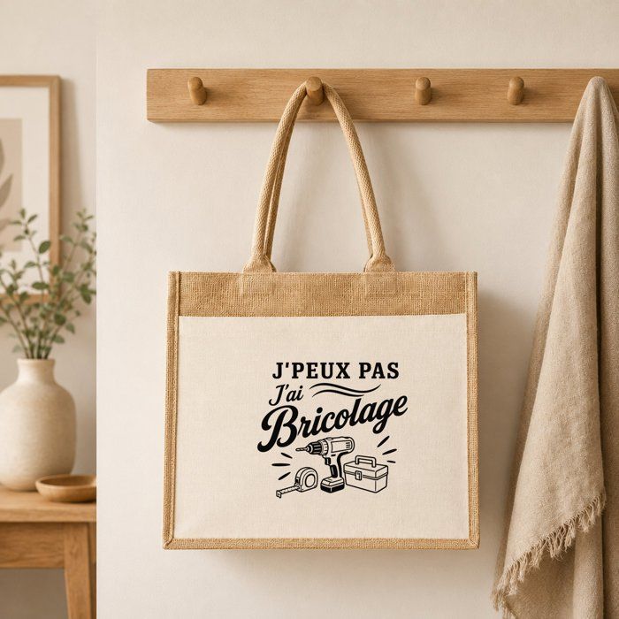 Sac Cabas Jute avec Poche J’peux pas j’ai Bricolage J'peux pas minimaliste | Toile de Jute et Coton 21 L Fond Plat Anses 65 cm