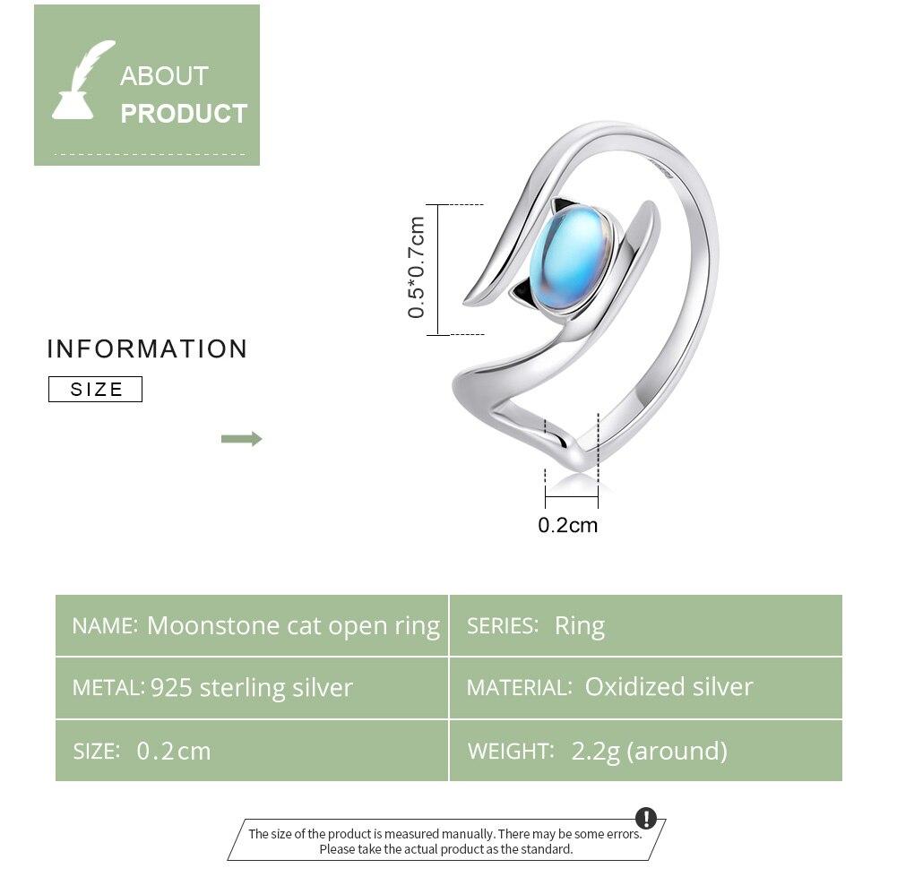 Bamoer Genuine 925 Sterling Silver Moonstone Cat Open Ring for Women New Trendy Girl Ring Women Statement Jewelry Exqusite Gift