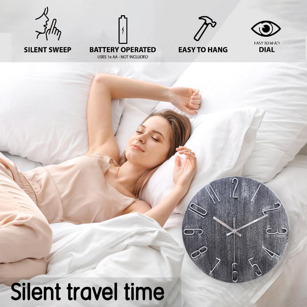 12inch Retro Gray Wall Clock with Silver 3D Numbers, Silent Non-Ticking Quartz Decorative Clock, Rustic Wood Grain Creative Hollow Round Wall