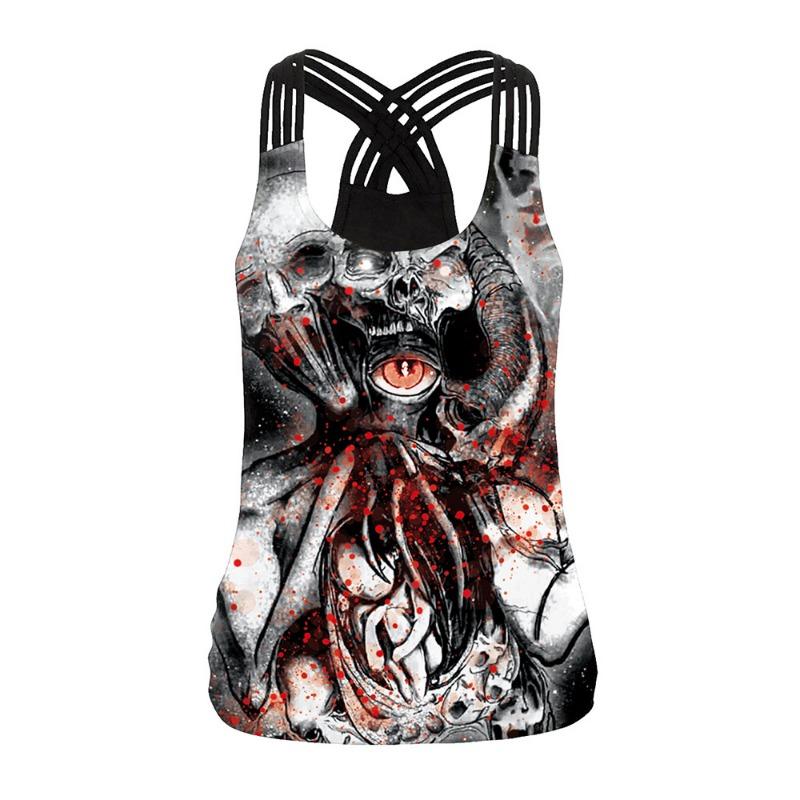 Halloween Skeleton Printed Ladies Strap Cross Tank Skinny Elastic Yoga Top