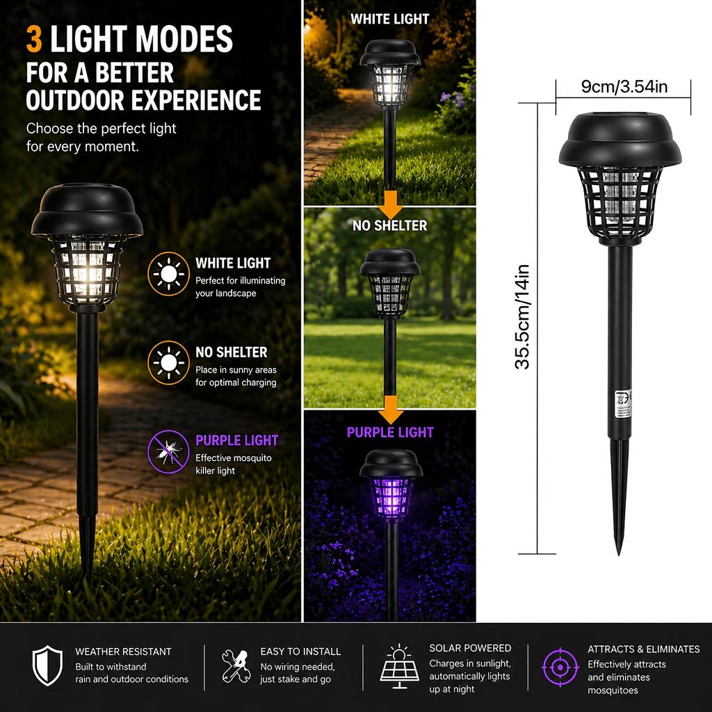 2Pcs 2-in-1 Solar LED Mosquito Killer Lights Waterproof Outdoor Pathway Lawn Lamp Insect Repellent Lighting for Garden Patio Courtyard