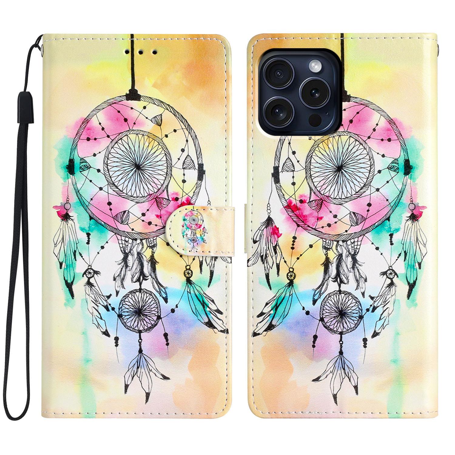 

For iPhone 16 Pro Case Print Pattern Design PU Leather Phone Cover with Card Slots Wrist Strap J