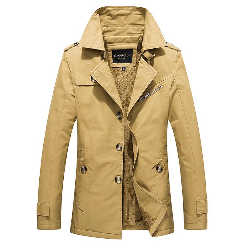 Men's Washed Cotton Fleece-Lined Mid-Length Trench Coat - Casual Autumn/Winter Outerwear