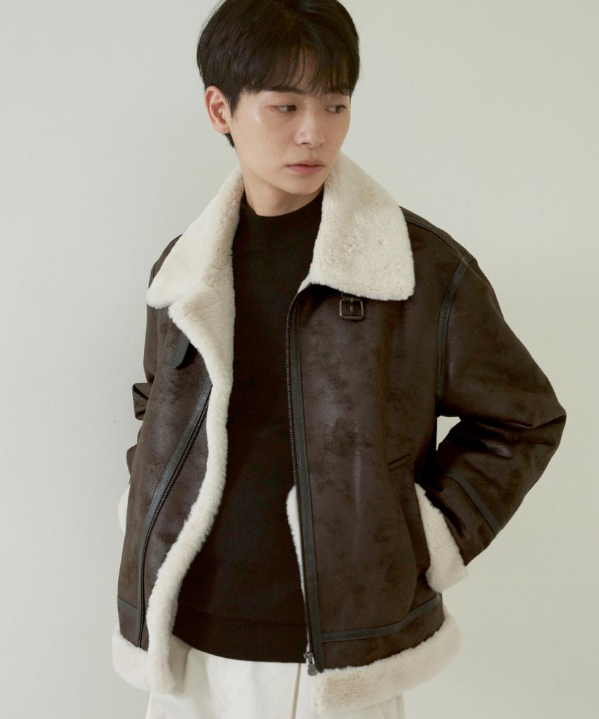 210Edit Unisex High-Neck Vegan Leather Shearling Jacket [Dark Khaki]_Zf4Jp041