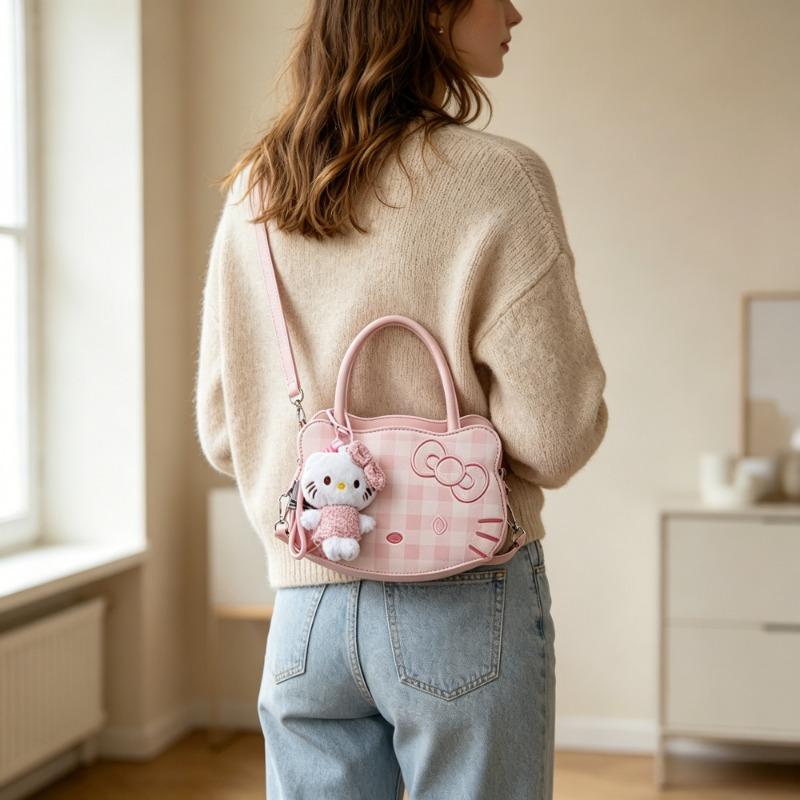 Miniso Fashionable Women's Shoulder Bag Plaid Pattern Women's Shoulder Bag with Pink KT Cat Pendant