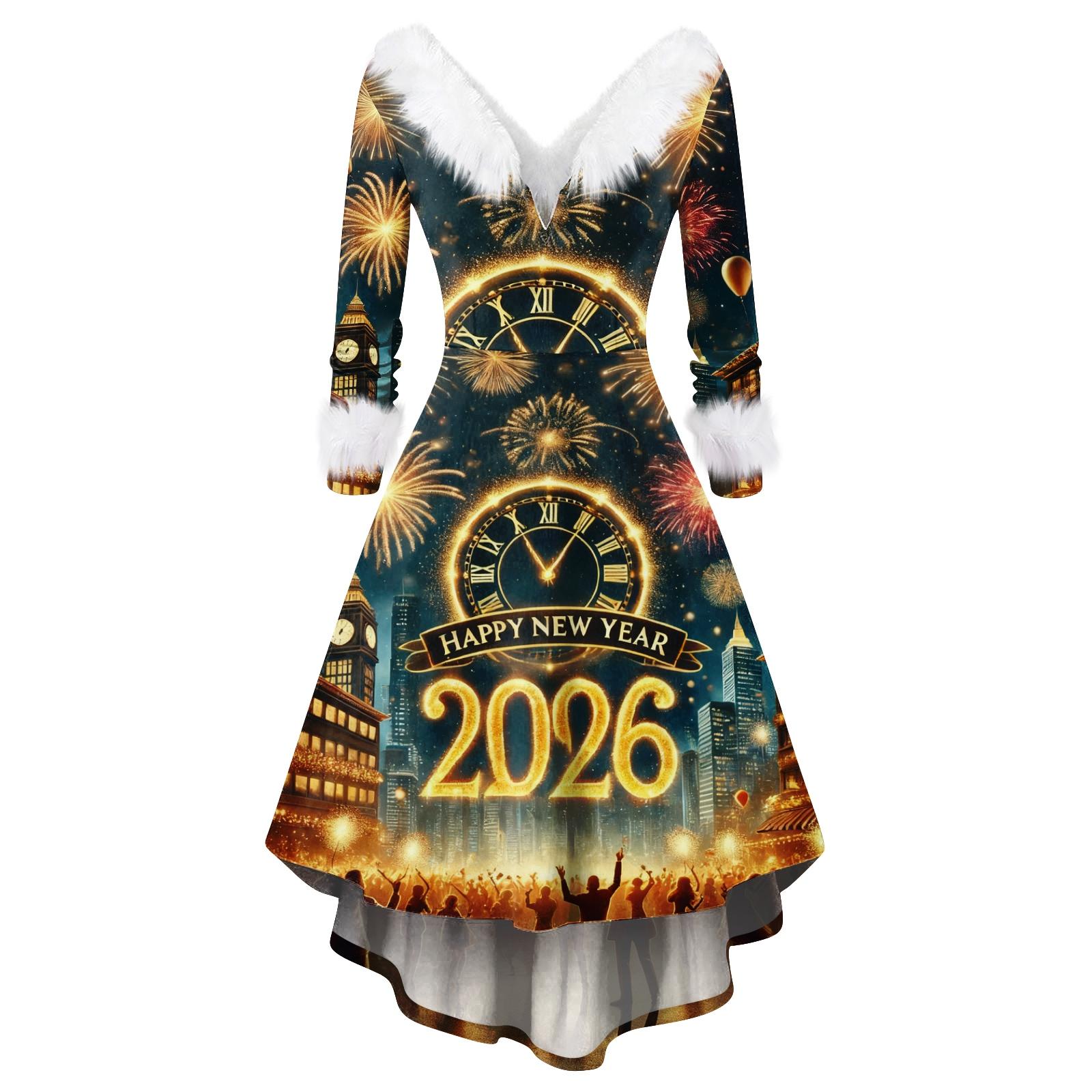 

Women s Fashion V-Neck Casual Slim New Year Printed Long Sleeve Dress S