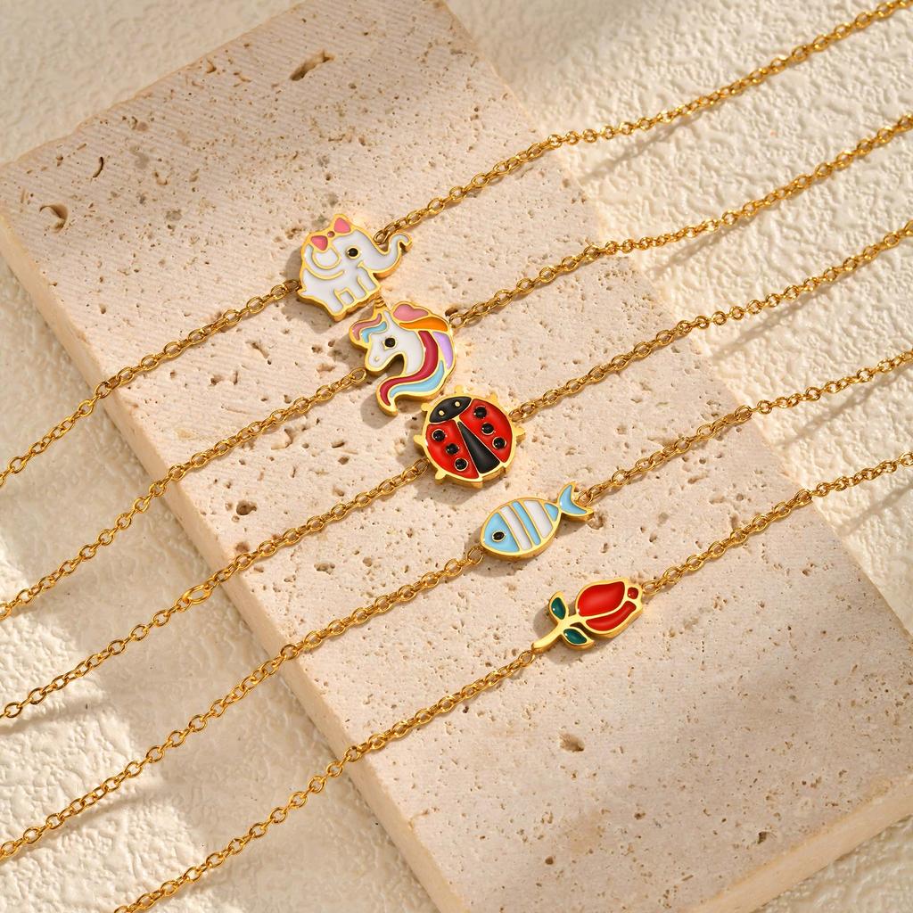 New Fashion Enamel Ladybird Charm Bracelet Women, Stainless Steel Thin Link Handmade Jewelry