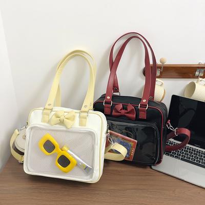 Japanese Style Kawaii PU Leather Itabag Women Transparent Pocket Bowknot Lolita Shoulder Bag Tote Handbags Women Ita Bag JK Girl