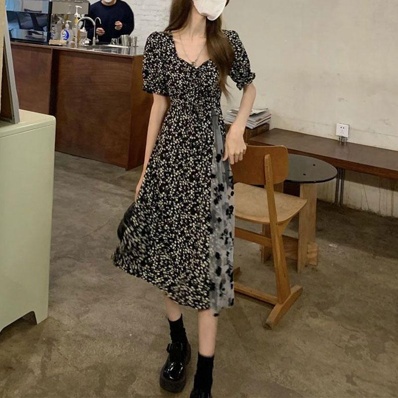 Blumenkleid mit quadratischem Ausschnitt Damen Frühling Sommer 2025 Neu Französisches Retro-Design Netzstoff-Einsatz Midilänge Rock