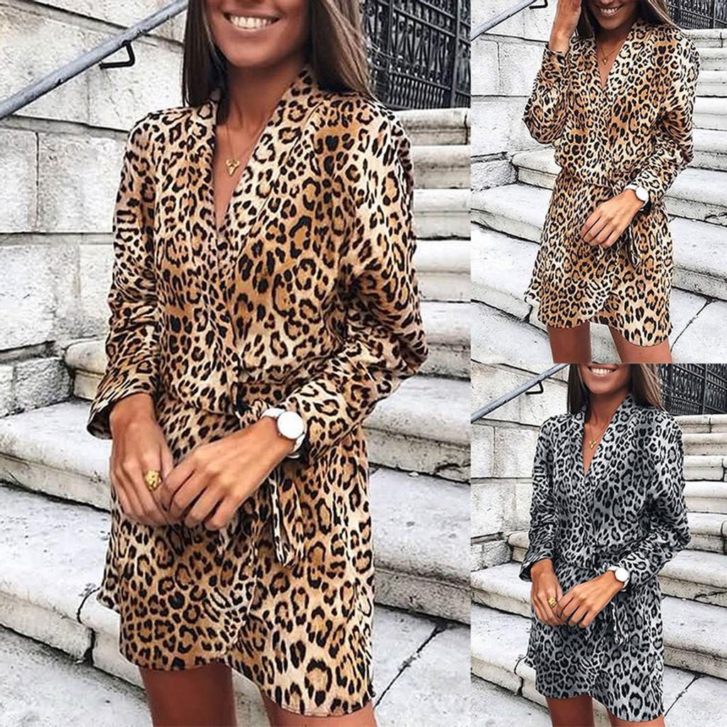 Women Slim Long Sleeve Leopard Printing V-Neck Bandage Irregular Dress