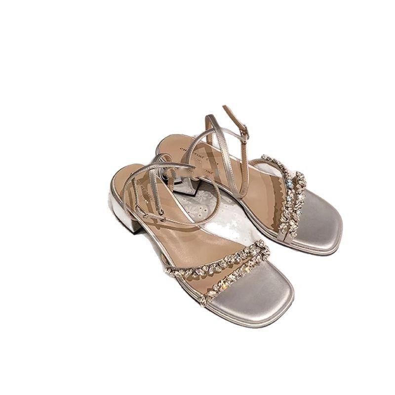 Su Yinyin Rock Candy Fairy~ Summer New One-word Sandals French Rhinestone Open-toed Thick High-Heeled Sandals Women