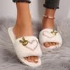 Warm Furry Slippers Women Thick Fluffy Fur Slippers Heart Rabbit Winter House Flip Flops Home Slides Flat Indoor Floor Shoes