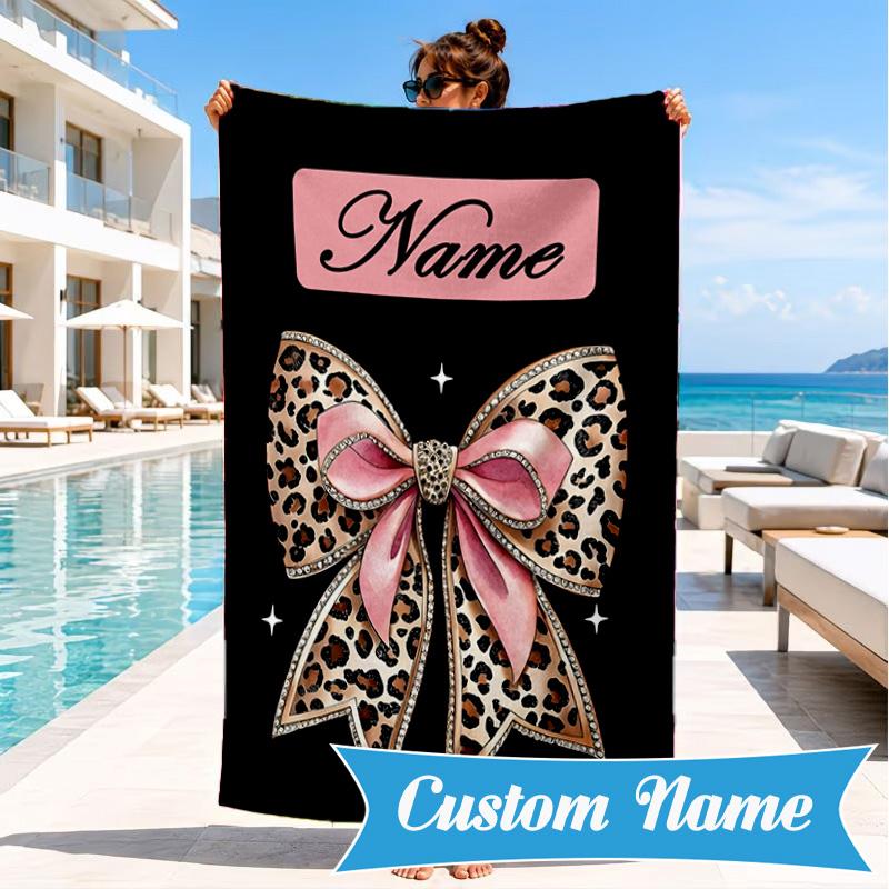 Custom Name Leopard Print Bow Beach Towel Microfiber Beach Towel, Lightweight and Quick-Dry, for Summer Travel, Swimming Pool Gift