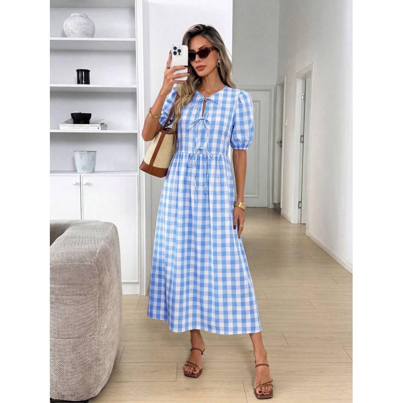 Europe, America 2026 summer new plaid lace-up pleated casual lace-up bubble sleeve dress women