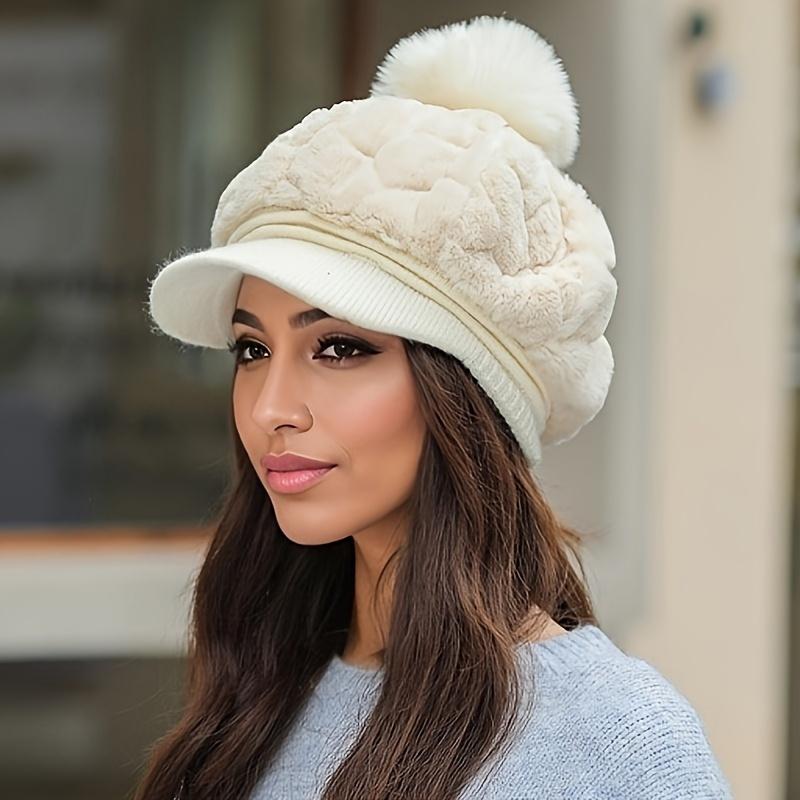 Thick Acrylic Knit Women's Elegant Plush Beret Hat WithVisor, Warm and Cozy, Solid Color, Stretch Fit, Packable, Hand Wash Only, Pull-On Closure