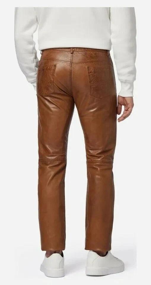 Ručně šité kožené pánské ležérní kalhoty z pravé jehněčí kůže hnědé stylové kalhoty