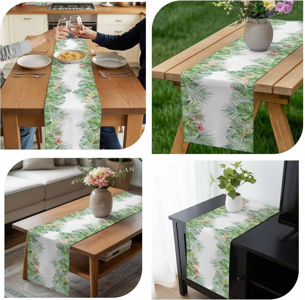 Summer Tropical Monstera Leaf Linen Table Runner Holiday Party Decor Reusable Kitchen Dining Table Runner Wedding Decorations