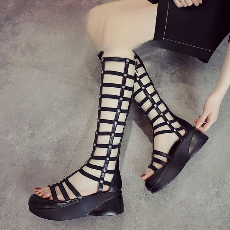 Fashion Summer New Chunky Sandal Boots for Women Luxury Genuine Open Toe Knee-high Pumps Gladistor Roman Style Ladies Sandalias De Mujer