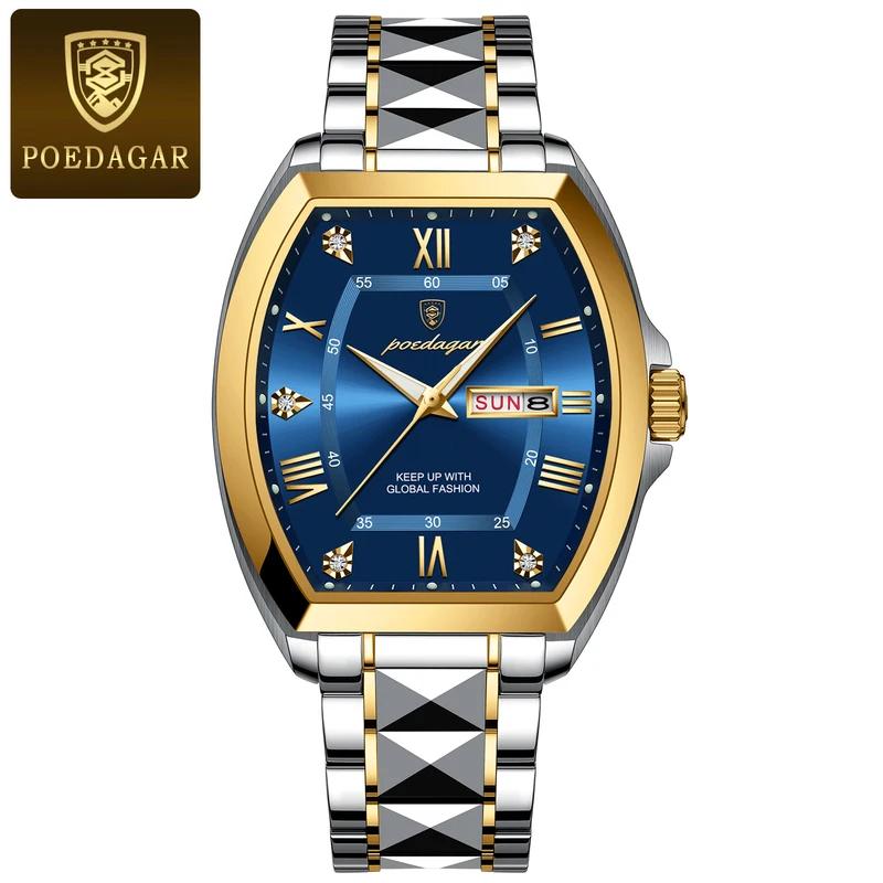 POEDAGAR Stainless Steel Watch Men Luxury Brand Business Luminous Waterproof Male Clock Tonneau Case Calendar Men Quartz Wristwatches