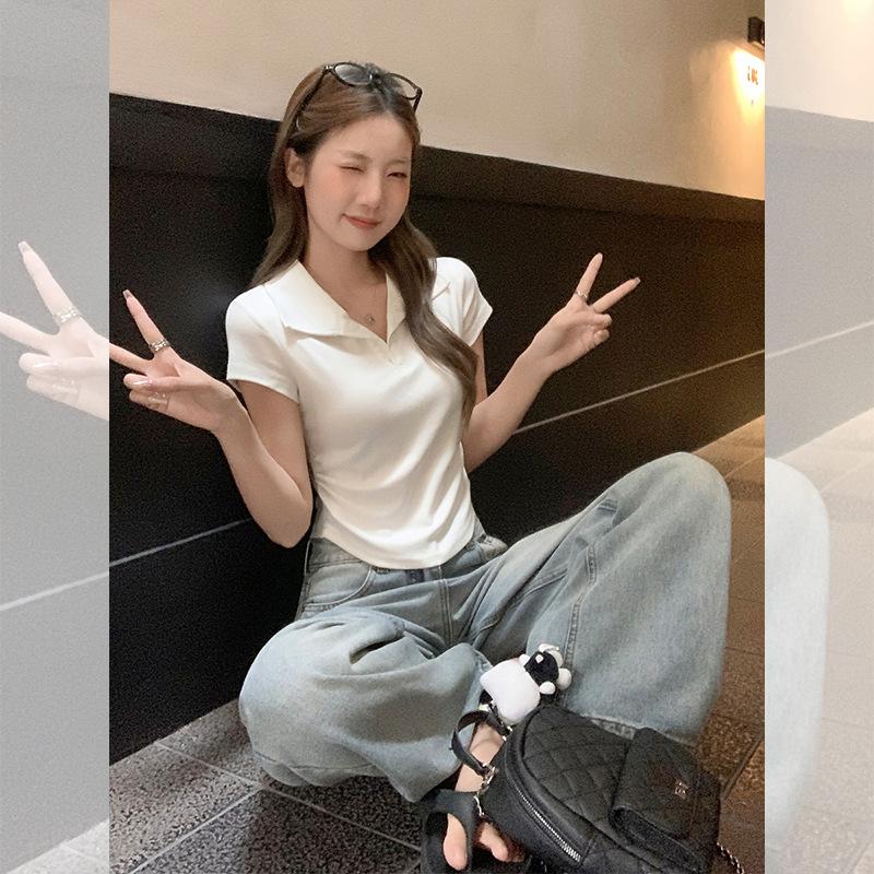 Korean Unique Polo Lapel Design Front Shoulder Short-sleeved T-shirt Women's New Early Summer Wear Shows Temperament Small Top