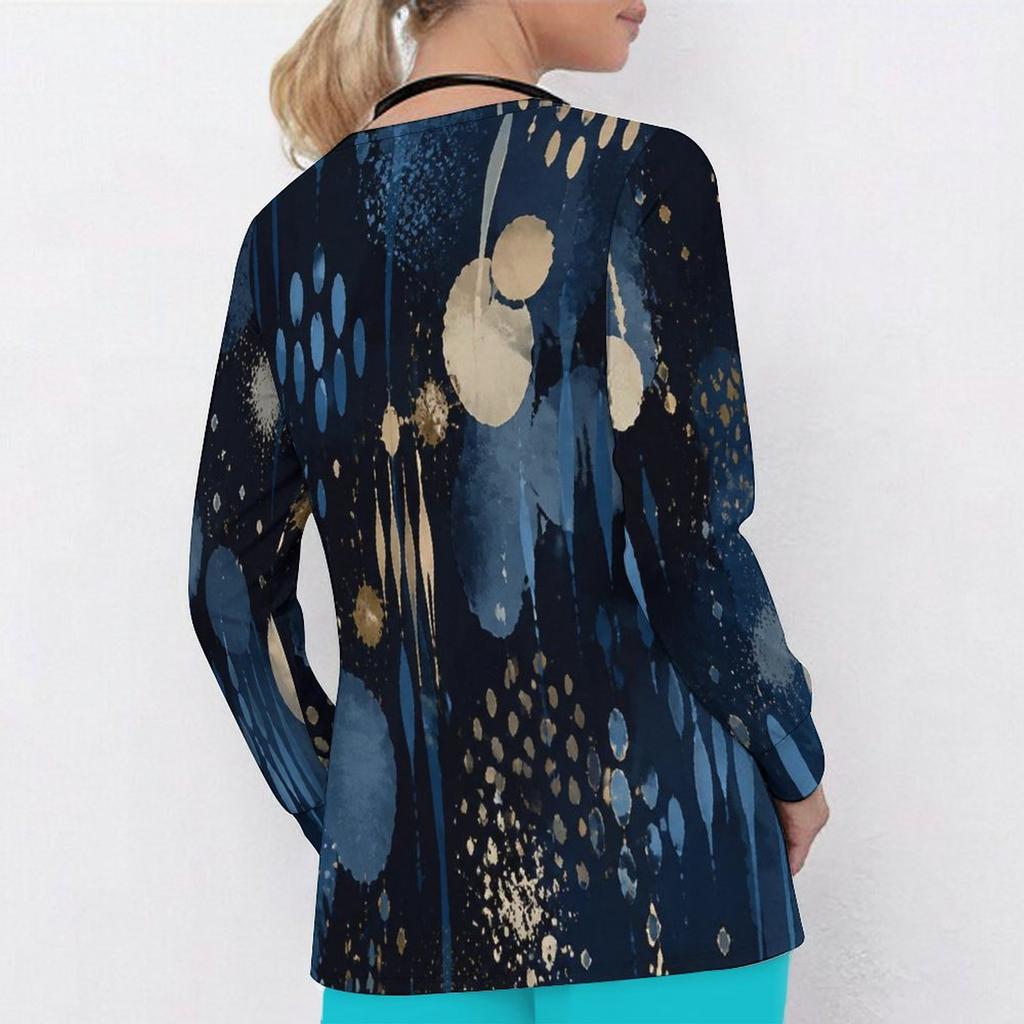 Women Plus Size Dark Blue Printed Nurse Scrub Top V Neck Long Sleeve With Pockets
