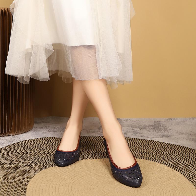Fashion 2025 New Genuine Leather Ladies Breathable Hollow Summer Shoes Women Flats Slip-On Loafers Round Toe Soft Wedge Shoes Casual