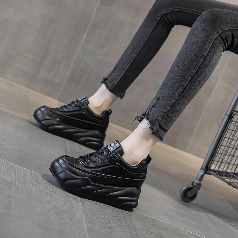 

Высококачественные 7 см кроссовки из натуральной кожи на платформе и танкетке, женская обувь, туфли-лодочки на каблуке, женские новые весенние, осенне-зимние плюшевые туфли 33 чёрный