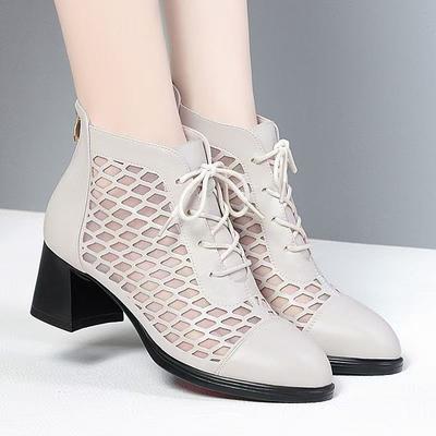 Women's Leather Mesh Hollow Out Cool Boots Spring Summer New Block Heel Pointed Toe Breathable High Heel Zippers Ankle Boots