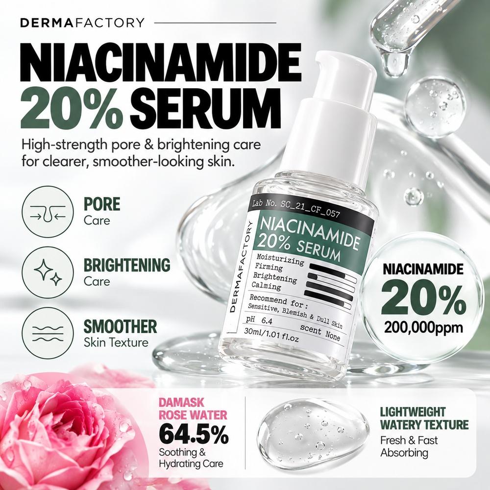 DERMAFACTORY Niacinamide 20% Serum 30ml High Strength Pore Control Sebum Oil Balance Brightening