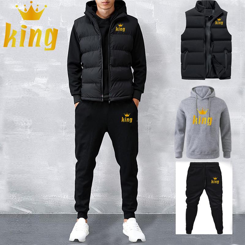Men Women Spring and Autumn Solid Color Printed Hoodie 3 Piece Set Couple Hoodie + Vest + Pants Sportswear Set