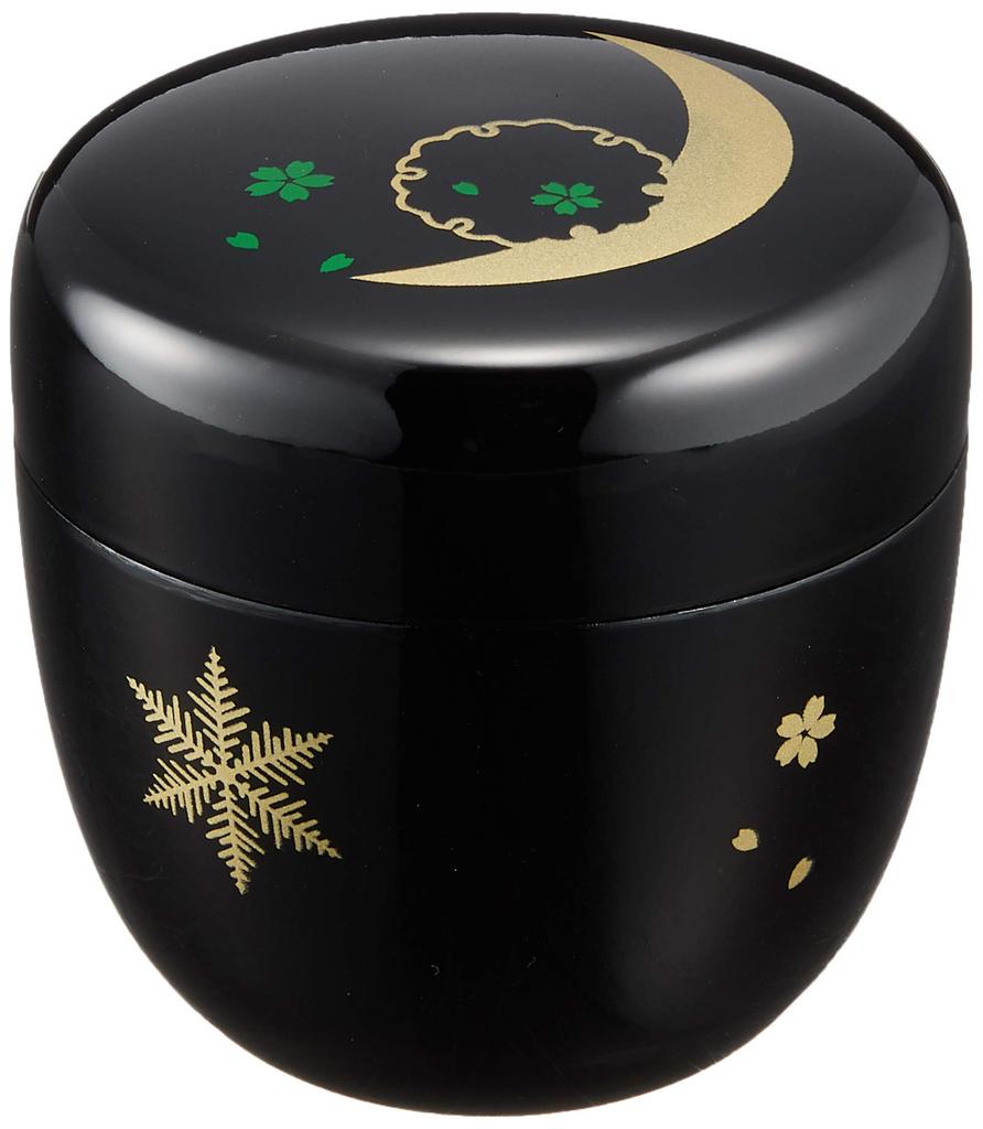 Medium-sized Tea Caddy with Snow, Moon, and Flowers In Black and Colored Lacquer, Made of Resin, Made In Japan, Suitable for Tea Ceremonies