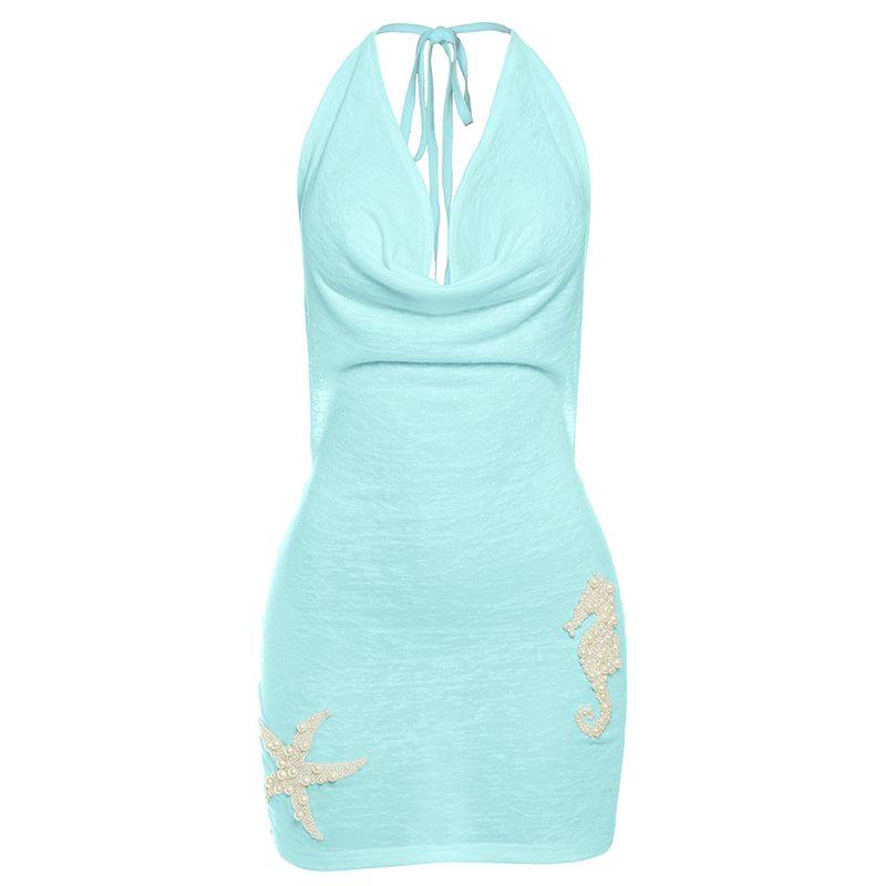 

# Sisjuly# European and American Sexy Mermaid Marine Pearl Embellished Collar Design Beauty Back Slightly Transparent Dress Women Summer Blue L