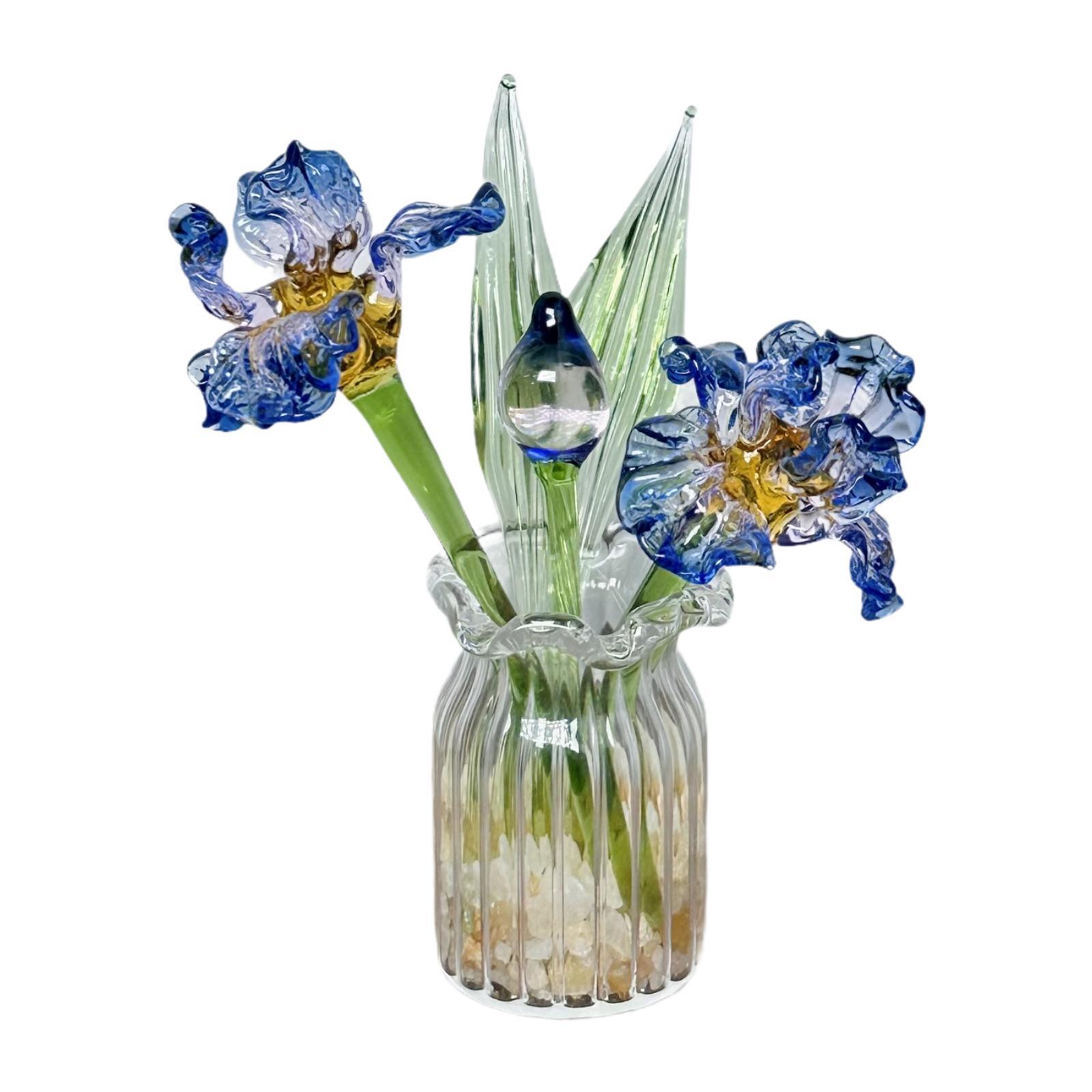 

Glass Vase Elegant Decoration Flower Figurine Bouquet Glass Pot with Artificial Iris for Home Office Table