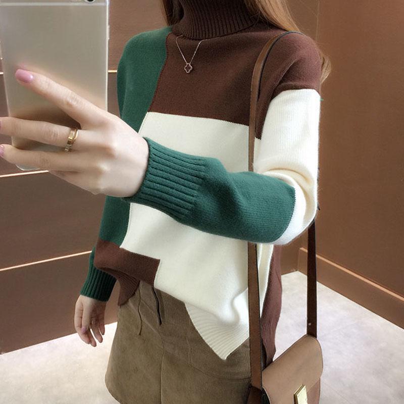Dámský pletený pulovr Podzim Zima Teplý rolák Pletenina Barevný blok Pulovr Volný Ležérní Dojíždění