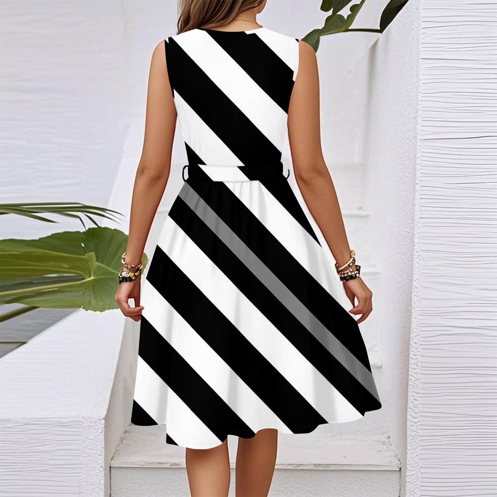 Women's Summer Fashion Loose V-Neck Sleeveless Lace-Up Striped Print Dress