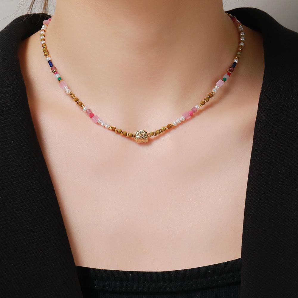 GEMCHIC Women's Colorful Natural Stone Beaded Necklace, Irregular Handmade Geometric Pendant Chain for Summer Vacation