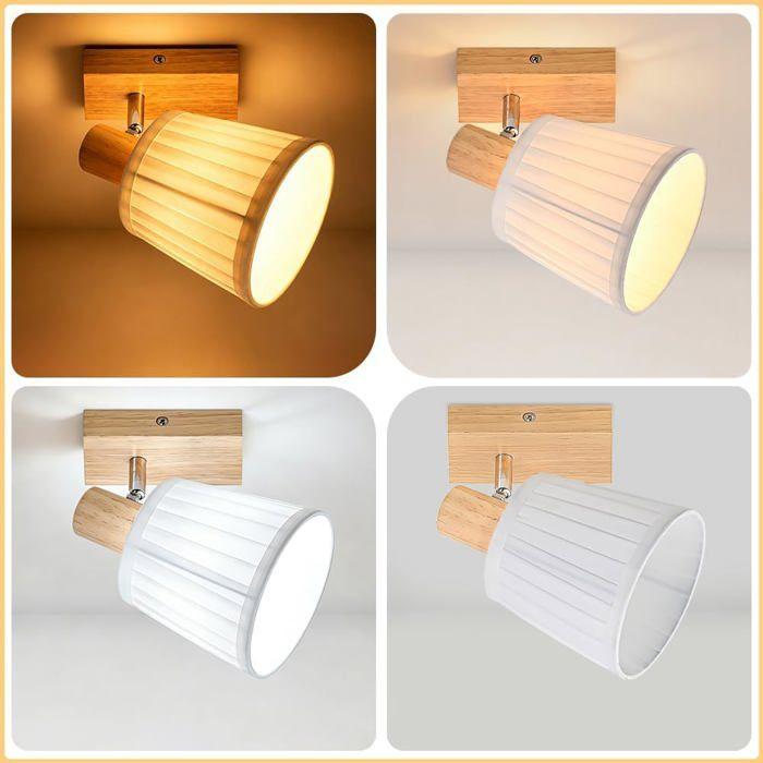 Spot plafond - NETTLIFE - E14 25W - Revêtement bois & abat-jour tissu - Rotation 350°/inclinaison 90° - Blanc
