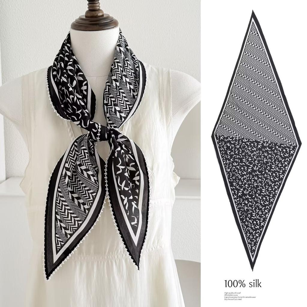 Spring new retro 111 mulberry silk silk scarf fashion temperament silk double crepe lace rhombus scarf accessories