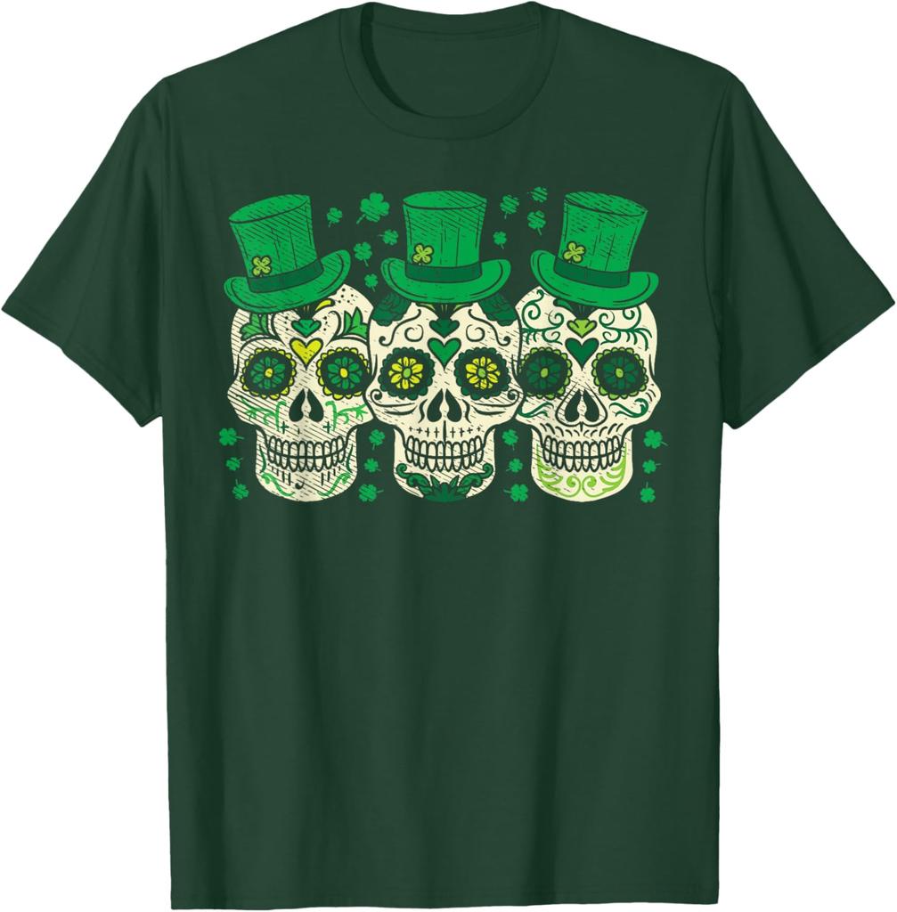 Irish Sugar Skull Leprechaun St Patricks Day Graphic Tee Men Casual Cotton T-Shirt