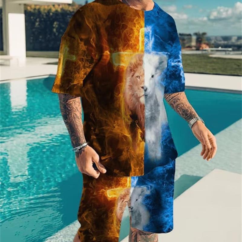 

Летние тонкие мужские рубашки с круглым вырезом и короткими рукавами + шорты Flame Lion Face с 3d принтом, модная свободная футболка для отдыха, комплект спортивного костюма 5XL