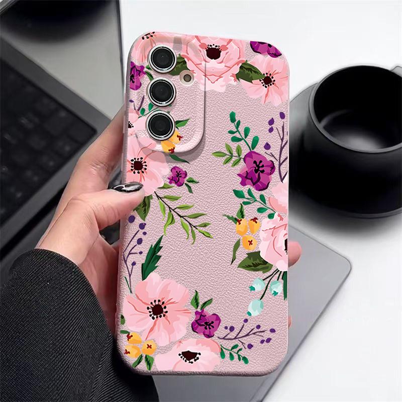 Floral Print Shockproof Phone Case For Samsung S25 Ultra S24 FE S23 S22 A56 A36 A55 A16 A26 A35 Slim Matte Leather Texture TPU Soft Bumper Cover