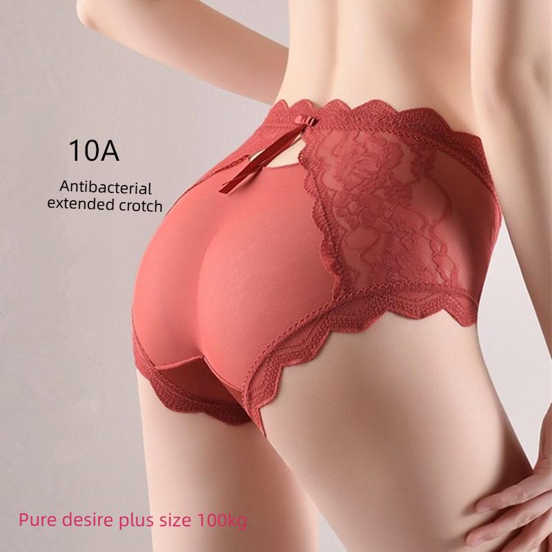 Plus Size Female Summer Sexy Lace Cotton Anti Bacterial Translucent Mesh Briefs