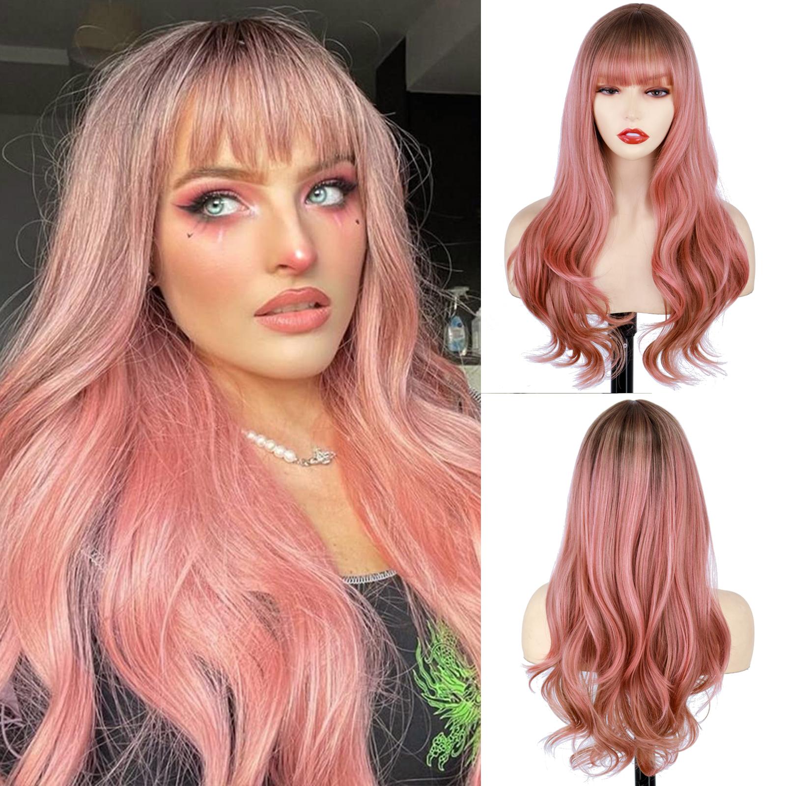 

LISI HAIR Довга коричнева перука з чубчиком, світло-коричневі хвилясті перуки для жінок, синтетична хвиляста довга коричнева перука для щоденного використання 66cm